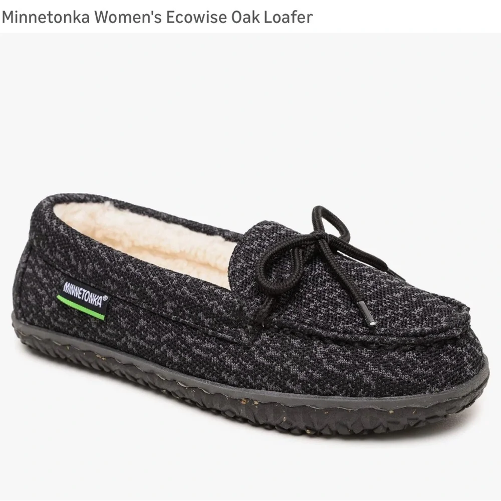 Minnetonka kids black/Charcoal loafers with Bow Eco Oak size 5M NWOT